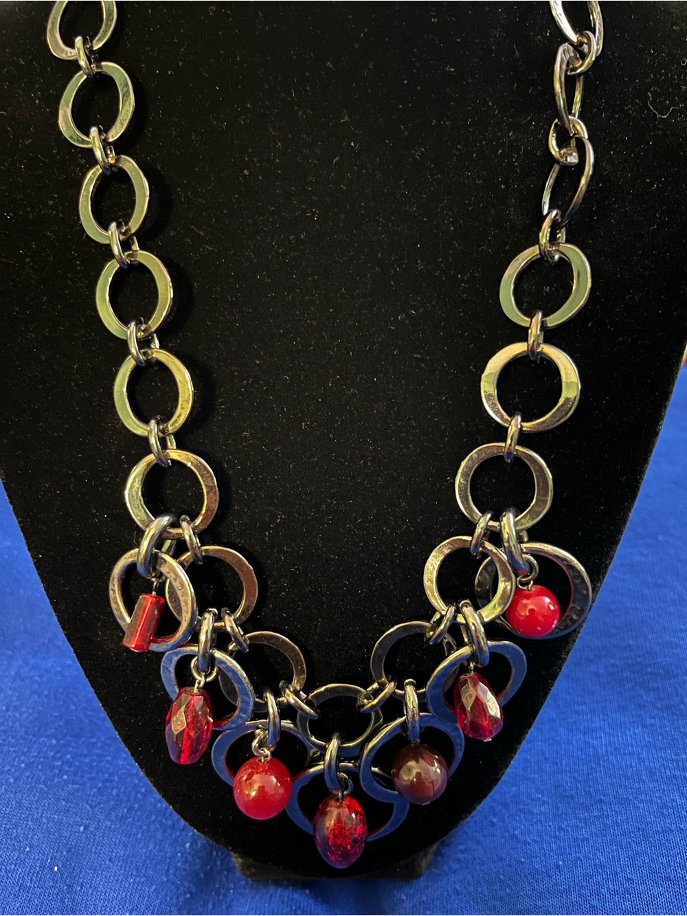 Chico's Silver Link Necklace with Red Bead Charms